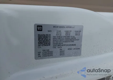 2025 Chevrolet Express Cargo Rwd 2500 Regular Wheelbase Wt z USA, uszkodzony, nr VIN 1GCWGAFP1S1204688